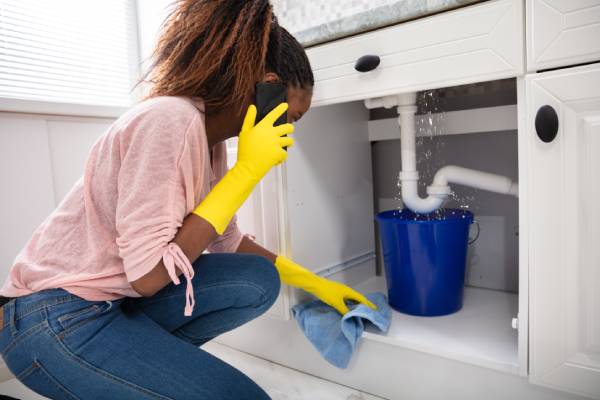 Close-up Of A Young Woman Placing Blue Bucket Under Water Leaking From Sink Pipe